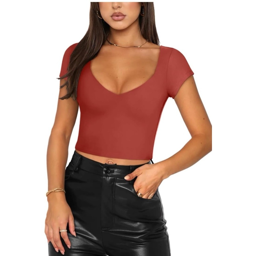 NEW Reoria Rust Red Sexy V Neck Stretch Plus Size Tee, XXL